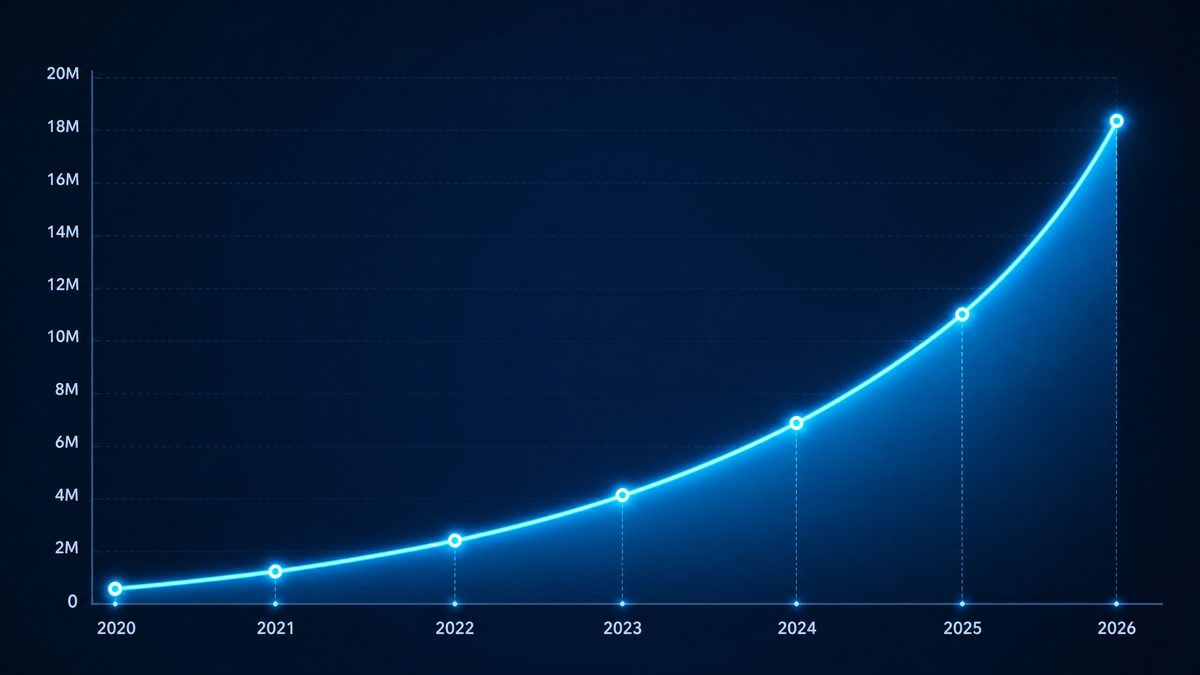 福利导航用户增长数据图表,展示2020-2026年注册用户从50万增长至1800万的趋势